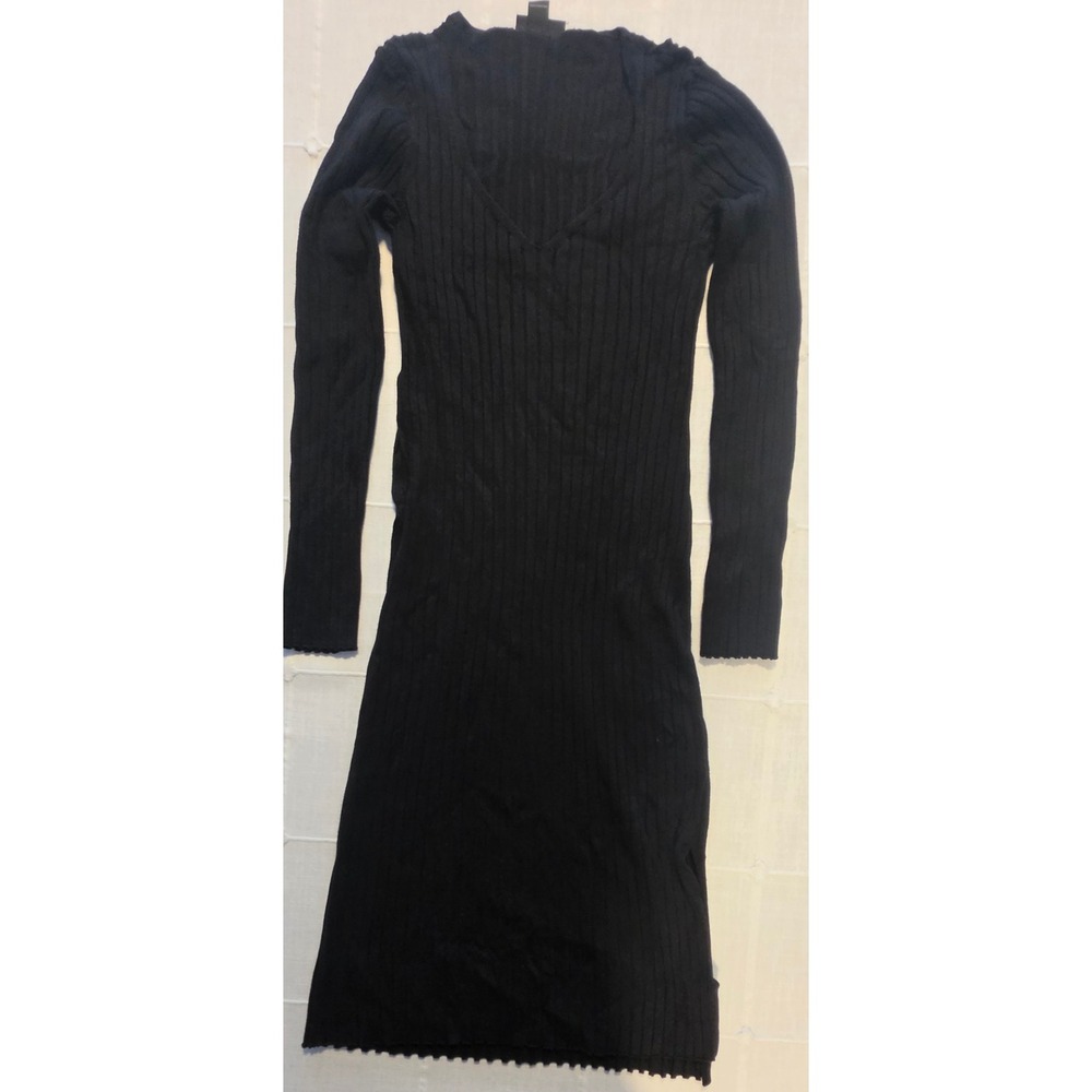 Monki Black Ribbed Knit V-Neck Midi Dress Long Sleeve Bodycon Size L